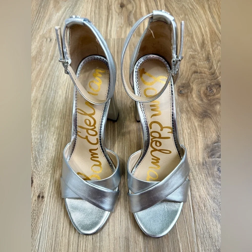 SAM EDELMAN Yancy Silver Block-Heel Crossover Sandals - Size 8 LNC